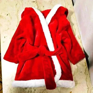 HB Santa Baby's Christmas Hooded Robe Plush Red White Polyester 0-9 mths